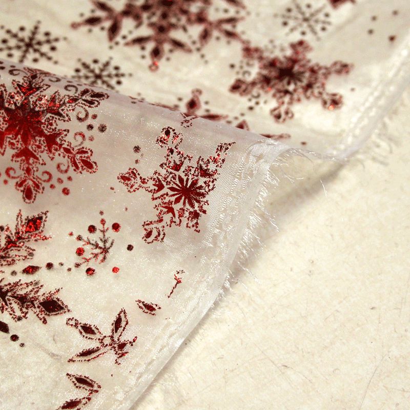 Organza imprimé Noël - Flocon de neige rouge