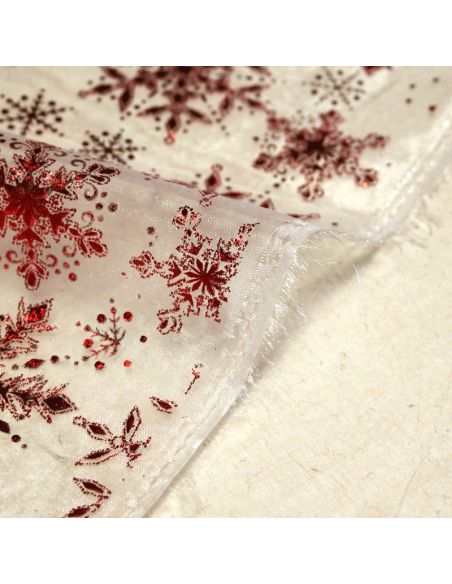 Organza imprimé Noël - Flocon de neige rouge