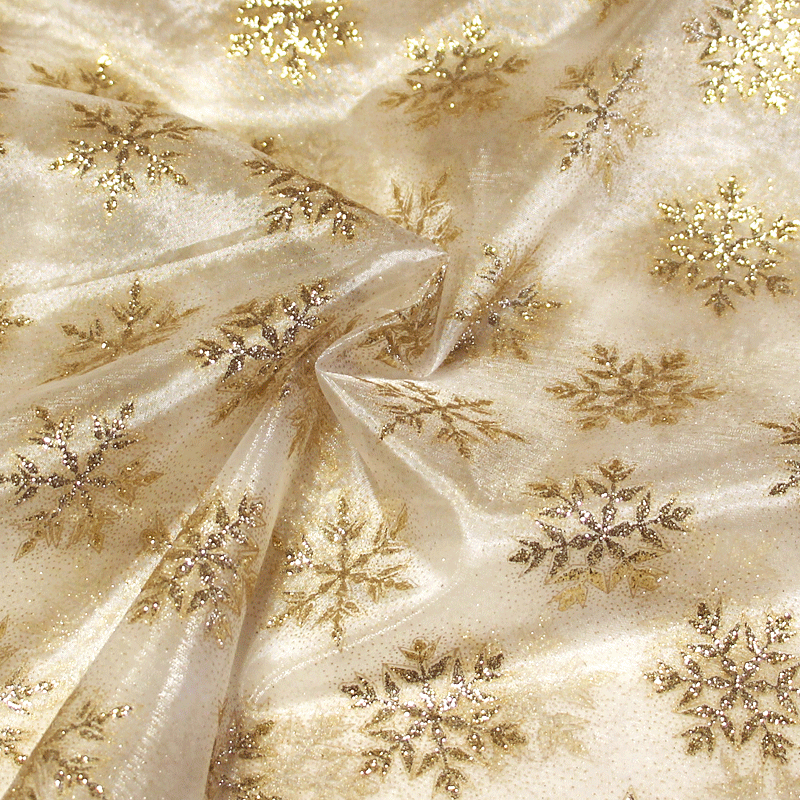 Organza imprimé Noël - Flocon de neige doré