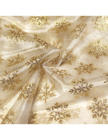 Organza imprimé Noël - Flocon de neige doré