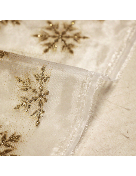 Organza imprimé Noël - Flocon de neige doré
