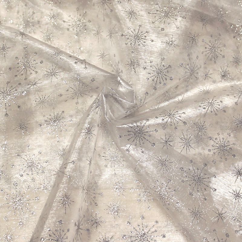 Organza imprimé Noël - Étoile & flocon argent