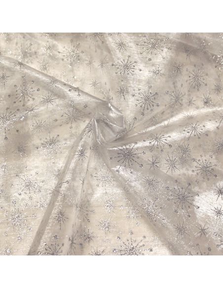 Organza imprimé Noël - Étoile & flocon argent