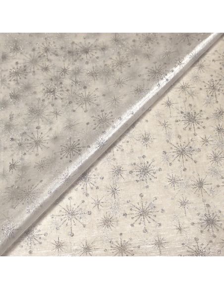 Organza imprimé Noël - Étoile & flocon argent
