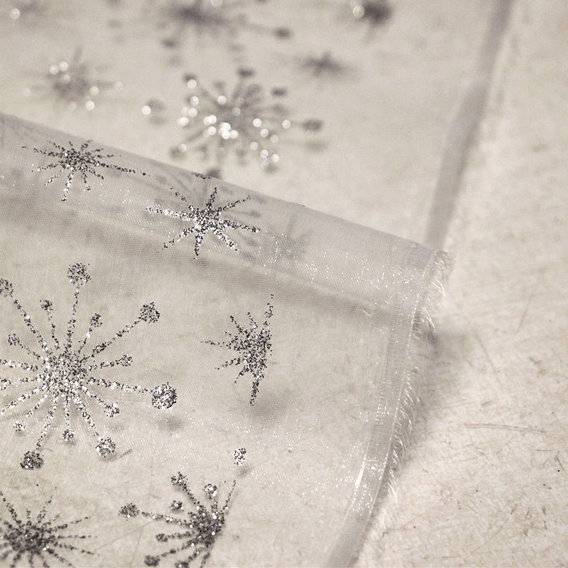 Organza imprimé Noël - Étoile & flocon argent