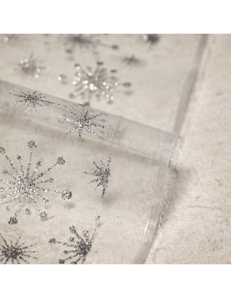 Organza imprimé Noël - Étoile & flocon argent