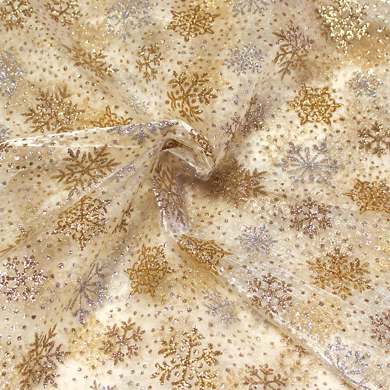 Organza imprimé Noël - Flocon de neige argent & doré