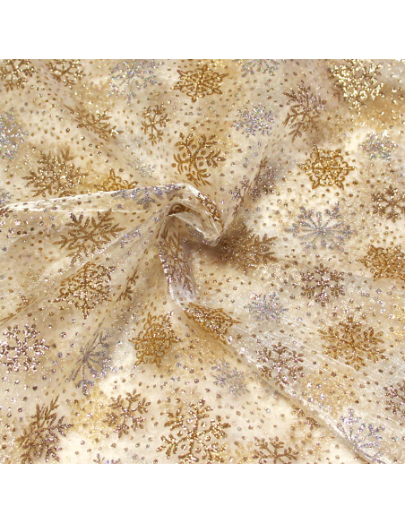 Organza imprimé Noël - Flocon de neige argent & doré