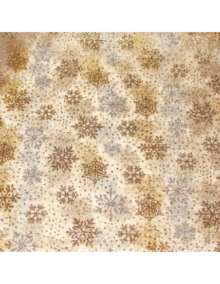 Organza imprimé Noël - Flocon de neige argent & doré