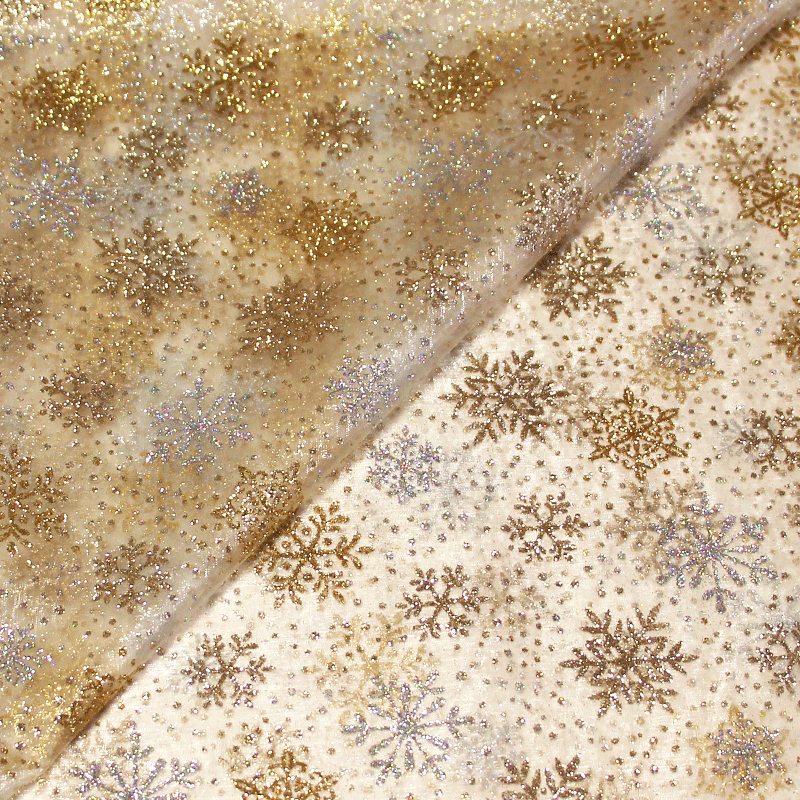 Organza imprimé Noël - Flocon de neige argent & doré