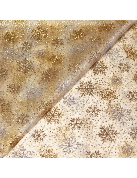 Organza imprimé Noël - Flocon de neige argent & doré