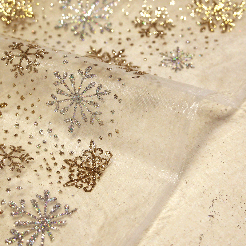 Organza imprimé Noël - Flocon de neige argent & doré