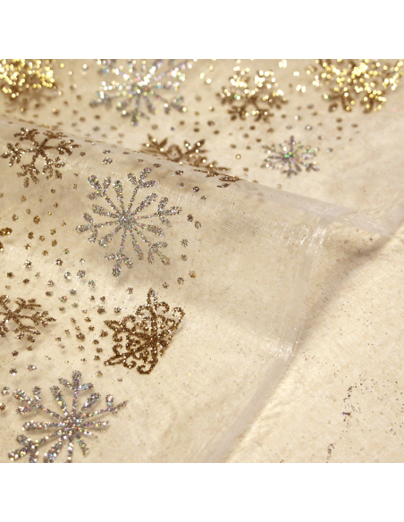 Organza imprimé Noël - Flocon de neige argent & doré