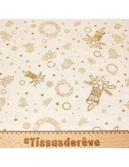 Organza imprimé Noël - Bougie dorée