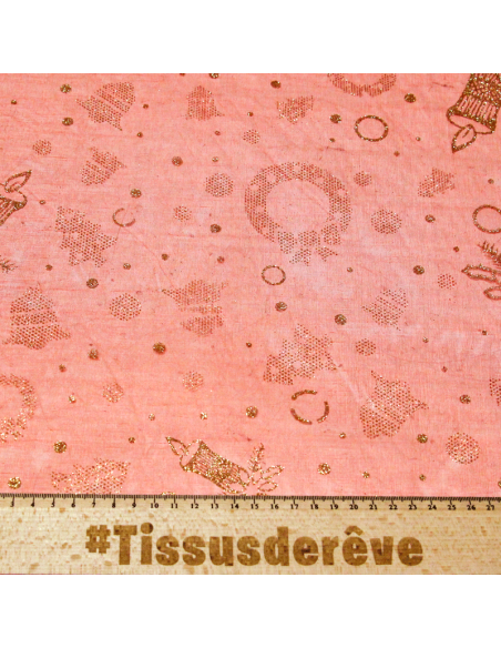 Organza imprimé Noël - Bougie dorée fond rouge