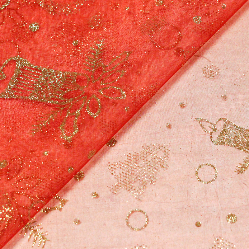 Organza imprimé Noël - Bougie dorée fond rouge