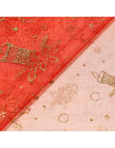 Organza imprimé Noël - Bougie dorée fond rouge