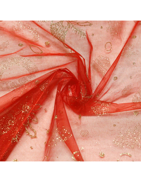 Organza imprimé Noël - Bougie dorée fond rouge