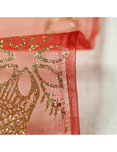 Organza imprimé Noël - Bougie dorée fond rouge