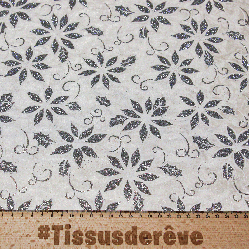 Organza imprimé Noël - Fleur argent