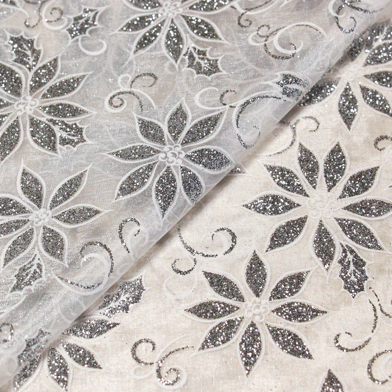 Organza imprimé Noël - Fleur argent