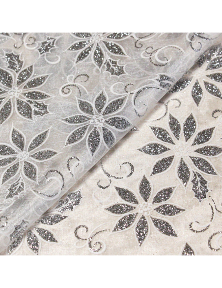 Organza imprimé Noël - Fleur argent