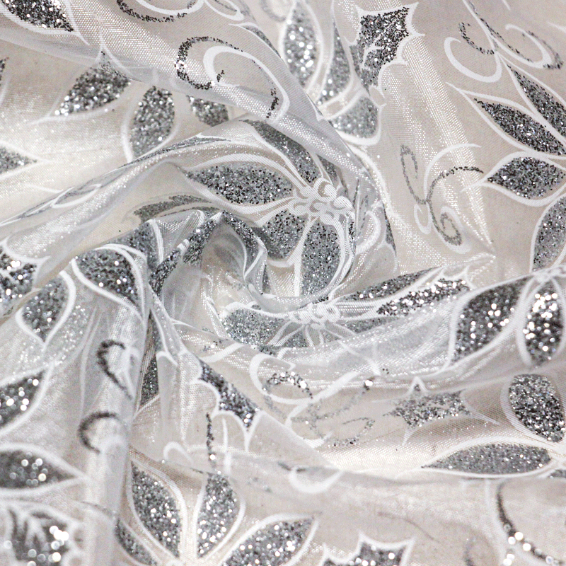 Organza imprimé Noël - Fleur argent