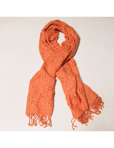 Écharpe à frange 100% cachemire natté & ajouré - Corail