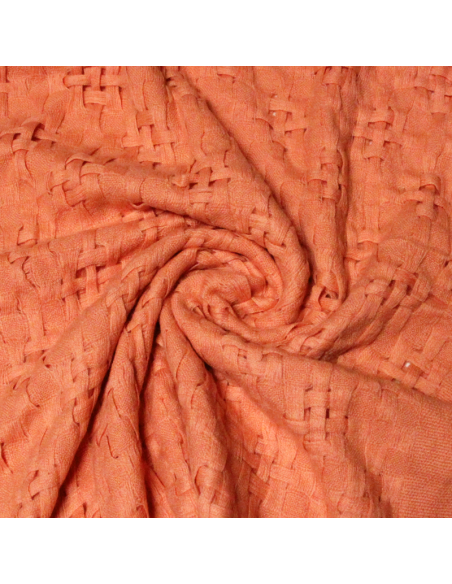 Écharpe à frange 100% cachemire natté & ajouré - Corail