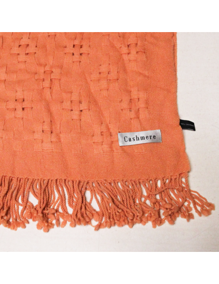 Écharpe à frange 100% cachemire natté & ajouré - Corail