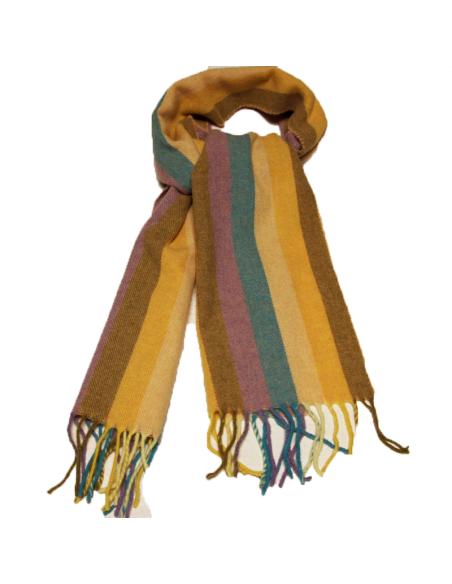 Écharpe à frange de laine - Rayure jaune, turquoise & lilas