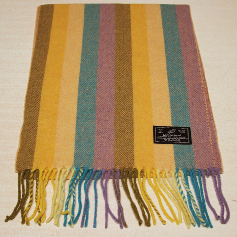 Écharpe à frange de laine - Rayure jaune, turquoise & lilas