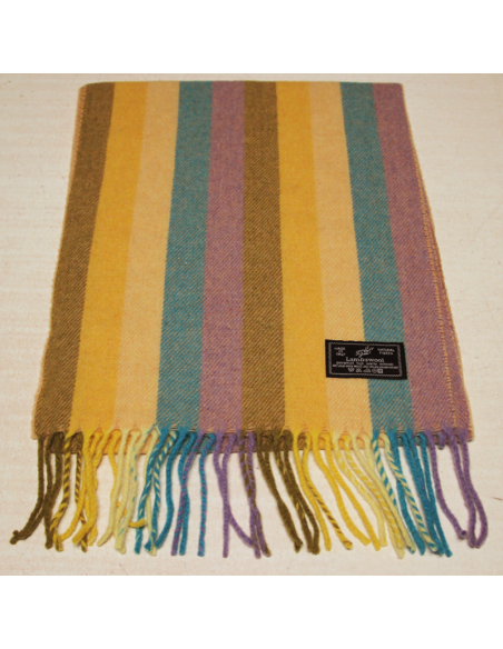 Écharpe à frange de laine - Rayure jaune, turquoise & lilas