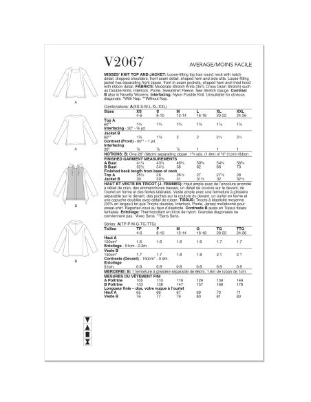 Patron Vogue 2067 - Haut et veste en maille pour femme