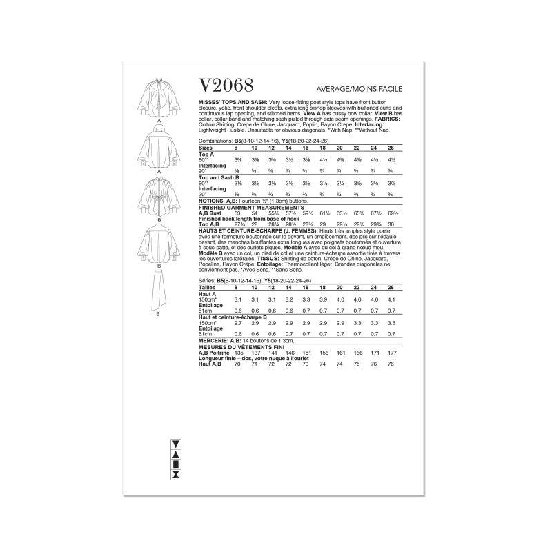Patron Vogue 2068 B5 (36-44) - Hauts pour femme avec ceinture