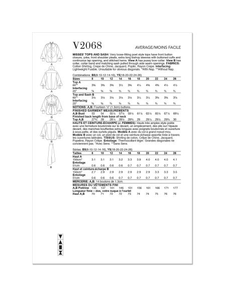 Patron Vogue 2068 B5 (36-44) - Hauts pour femme avec ceinture