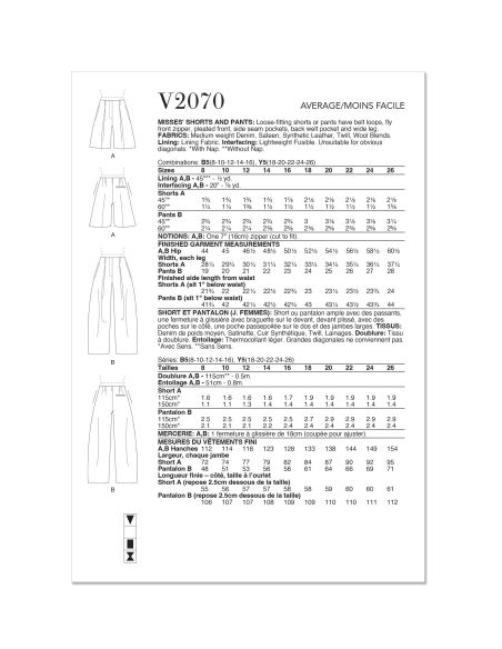 Patron Vogue 2070 B5 (36-44) - Shorts et pantalons pour femme