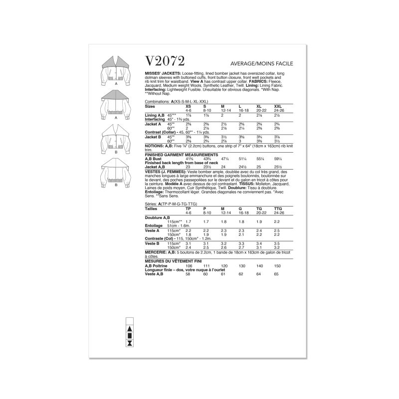 Patron Vogue 2072 - Veste bomber pour femme