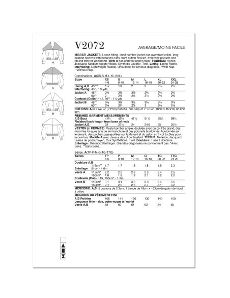 Patron Vogue 2072 - Veste bomber pour femme