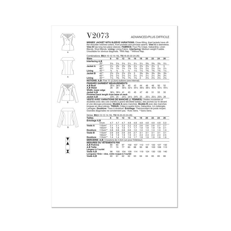 Patron Vogue 2073 B5 (36-44) - Veste pour femme avec variations de manches