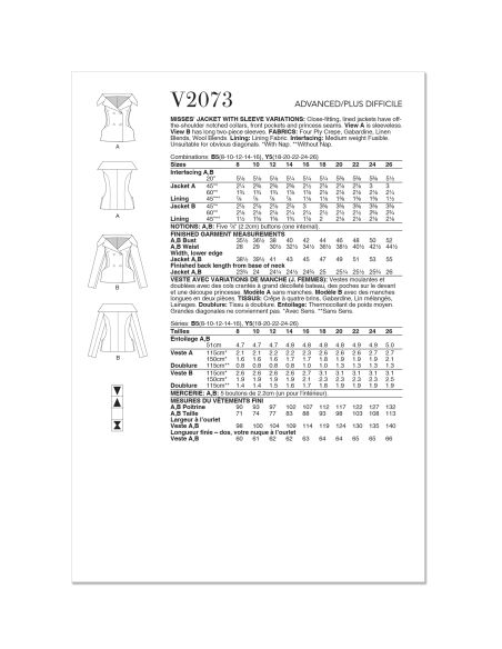 Patron Vogue 2073 B5 (36-44) - Veste pour femme avec variations de manches
