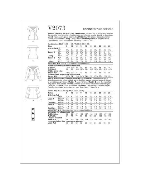 Patron Vogue 2073 B5 (36-44) - Veste pour femme avec variations de manches