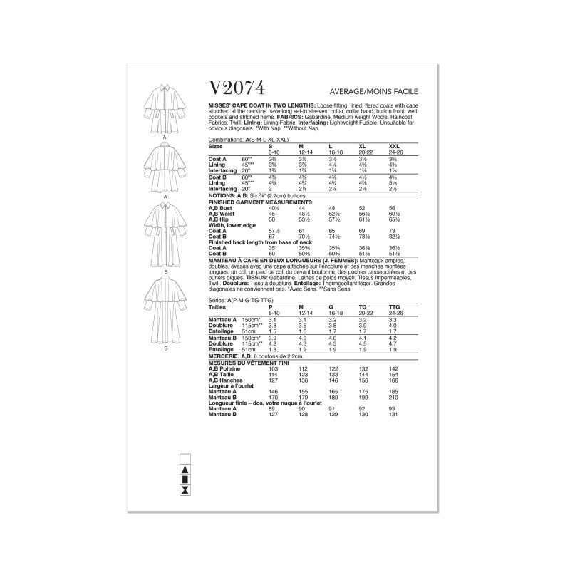 Patron Vogue 2074 - Manteau cape pour femme