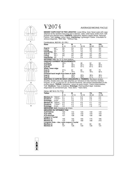 Patron Vogue 2074 - Manteau cape pour femme