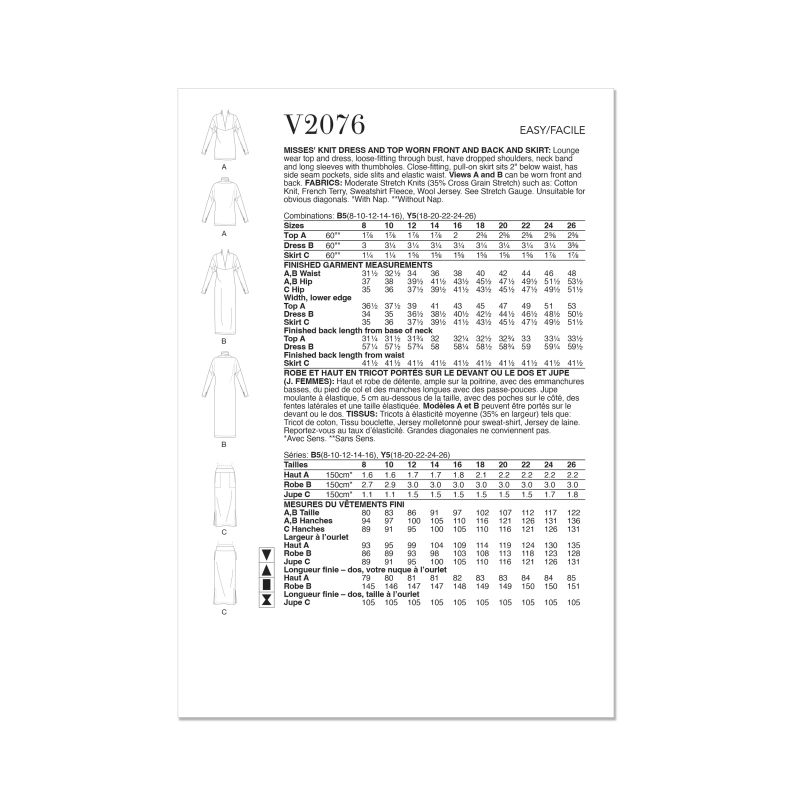 Patron Vogue 2074 B5 (36-44) - Robe et haut en maille pour femme