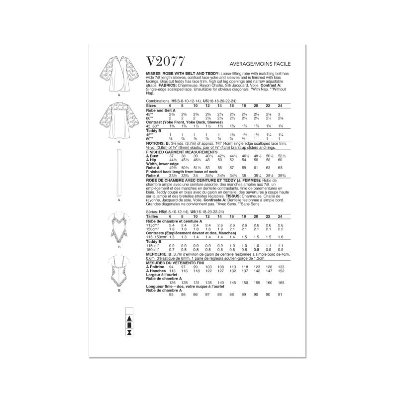 Patron Vogue 2077 H5 (34-42) - Robe avec ceinture et teddy pour femme