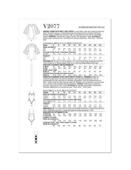 Patron Vogue 2077 H5 (34-42) - Robe avec ceinture et teddy pour femme
