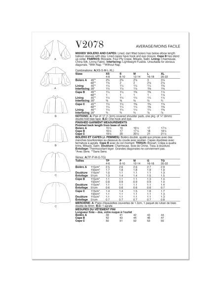 Patron Vogue 2078 - Boléro et capes pour femme