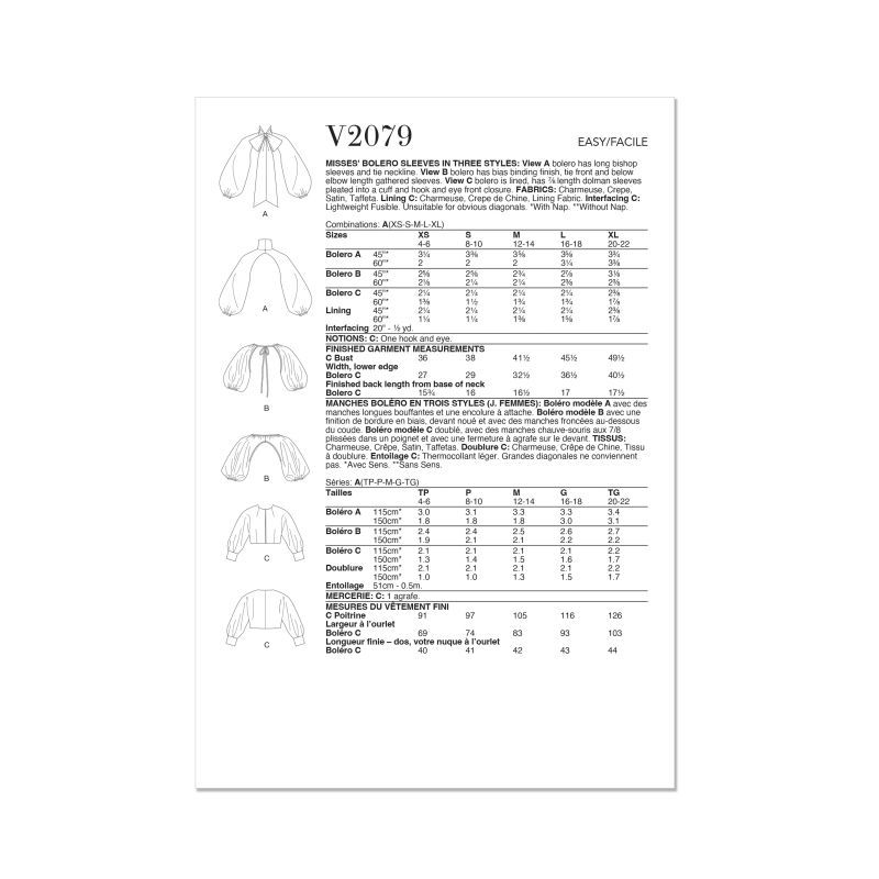 Patron Vogue 2079 - Boléro pour femme
