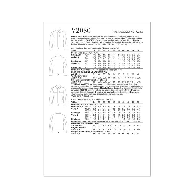 Patron Vogue 2080 AA (46-54) - Vestes pour homme